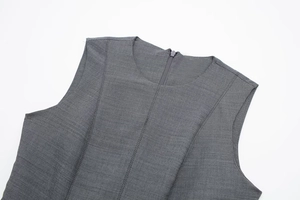 Detail view of dark grey sleeveless skater dress with back invisible zipper and round neck