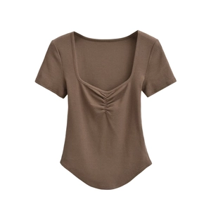 Women's coffee brown square neck ribbed T-shirt with ruched chest and curved hemline