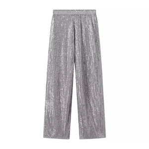 Modische silberne Paillettenhose mit weitem Bein und metallischem Glanz mit Gummizug