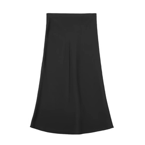 Elegant black satin high-waisted midi A-line skirt with a smooth silky minimalist finish