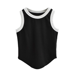 Women's slim fit black ribbed tank top with white trim and stylish curved hemline