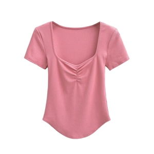 Pink slim-fit ribbed knit short sleeve T-shirt with ruched front and curved hem details