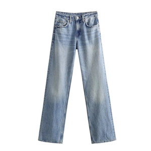 Detailed view of light blue washed denim jeans with classic five-pocket design and texture