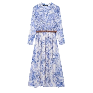 Women's Elegant Floral Print Midi Dress With Belt Long Sleeve V Neck Ruffle Polyester A-Line Dress For Summer Vacation Daily