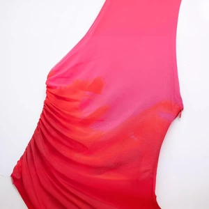 Pink and red gradient halter neck mesh dress with side ruching and invisible zipper