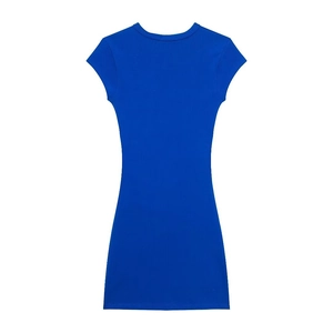 Slim fit royal blue ribbed knit short sleeve midi dress with elegant pleated texture