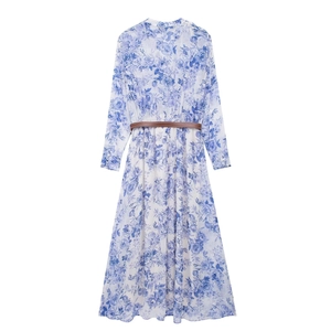 Women's summer floral long sleeve dress in blue with retro print and a brown waist belt