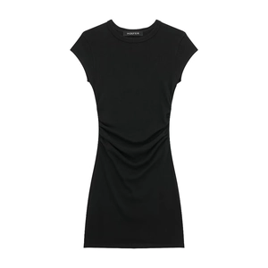 Women's black ribbed short sleeve slim fit dress with stylish side ruffles