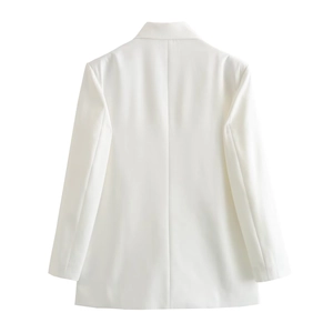 Rear view of a white elegant loose blazer with crisp tailoring and clean lines