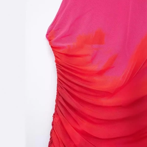 Halter neck mesh dress in fuchsia gradient with elegant side ruching detail
