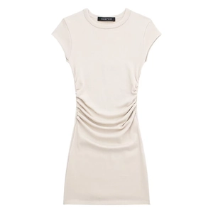 Slim fit cream rib knit mini dress with side ruching and short sleeves for summer fashion