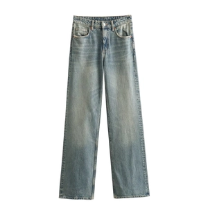 Classic light blue high-waisted wide-leg denim jeans with stone-washed finish for women