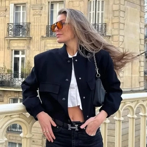 Giacca Bomber Corta Casual da Donna Manica Lunga Tinta Unita Stampa Leopardata Utility Workwear Capispalla Con Tasche