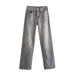 Women high-waisted straight leg denim jeans in gray washed finish on white background