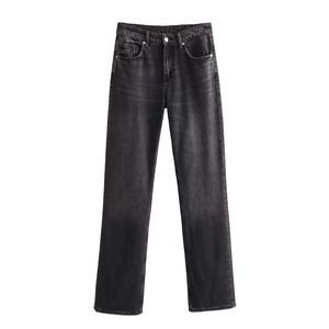 Detail of dark gray straight leg jeans featuring vintage wash and classic five-pocket style