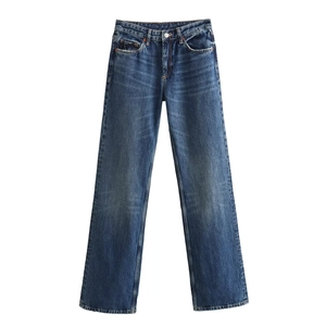 Detailed close-up of blue denim texture and faded wash on high-waist wide-leg jeans