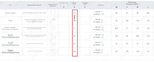 Tableau des tailles pour chemisier femme avec mesures de poitrine manches et longueur