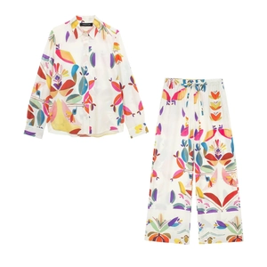 Women Floral Print Long Sleeve Shirt And Wide Leg Pants Outfit Elegant Casual Summer Apparel Bohemian Multi-Color Design