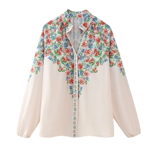 Femmes Élégante Imprimé Floral Manches Longues Boutonné Chemise Polyester Décontracté Chemisier Bureau Dame Commuter Hauts Printemps Été