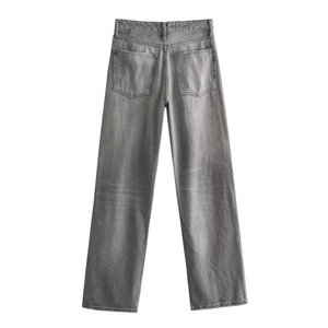 Detailed back view of dark grey straight leg jeans featuring dual pockets and washed finish