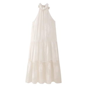 Women Elegant Halter Neck Maxi Dress Jacquard 3D Floral Embroidery Tiered Cake A-Line Sleeveless Summer Party Wedding Dress
