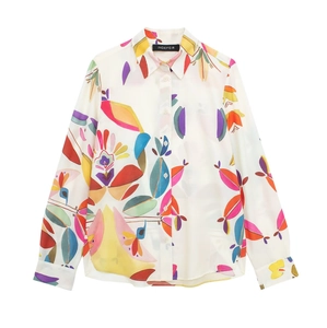 Elegant floral print long sleeve poplin shirt in off-white with abstract colorful patterns