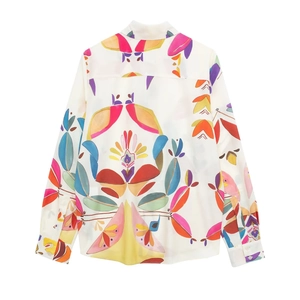 Women abstract print poplin shirt with long sleeves and colorful geometric pattern back view
