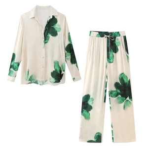 Ensemble Chemise Et Pantalon Décontracté pour Femme Imprimé Floral à l'Encre Haut à Manches Longues Et Pantalon Large