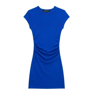 Royal blue short sleeve ribbed knit dress with side ruching and slim fit design