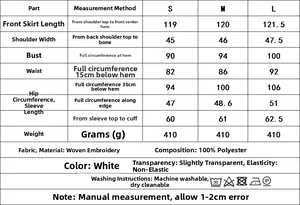 Detailed size chart for white lace embroidered dress with measurements in centimeters