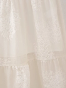 Detailed macro view of white floral embroidery on lightweight semi-transparent fabric