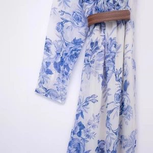 Summer floral chiffon dress with blue flower patterns and brown leather belt