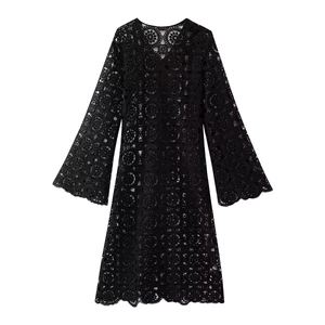 Summer black V-neck crochet lace maxi dress with bell sleeves and hollow floral patterns