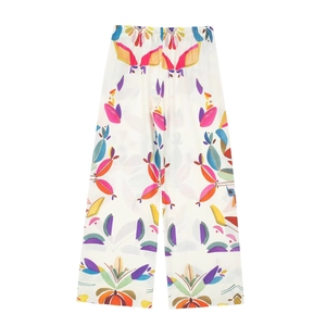 Women's wide leg floral poplin pants with vibrant abstract prints and elastic waist