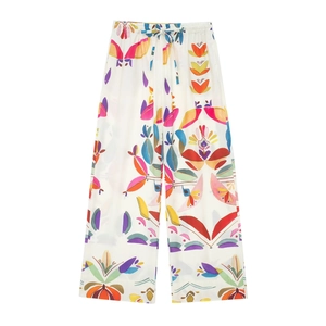 Women's floral wide-leg pants with elastic drawstring waist and colorful abstract print