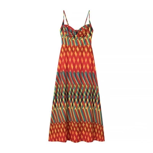 Detailed view of the pleated chest and geometric wave print on the camisole dress
