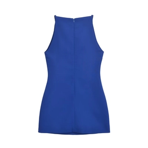 Robe courte sans manches à col montant bleu roi avec fermeture éclair discrète au dos