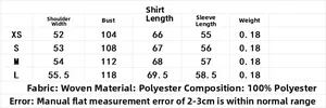 Size chart for women's printed shirt with detailed shoulder, bust, and length measurements