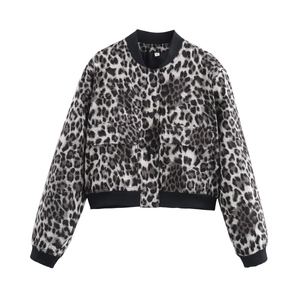 Giacca bomber corta da donna con stampa leopardata grigia e polsini a coste neri
