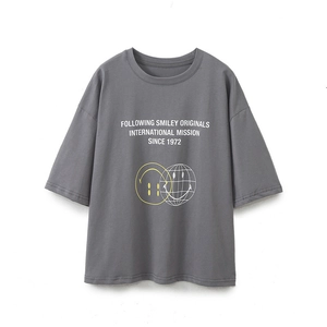Women's Casual Round Neck Short Sleeve T-Shirt With Smiley Face Graphic Print Street Style Grey Polyester Blend Tee