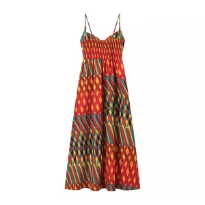 Bohemian geometric print sleeveless maxi dress with smocked bodice on white background