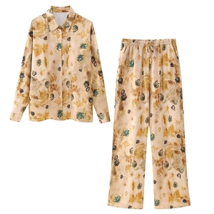 Women's Vintage Botanical Leaf Print Two Piece Set Long Sleeve Lapel Shirt And Wide Leg Pants Casual Retro Summer Outfit