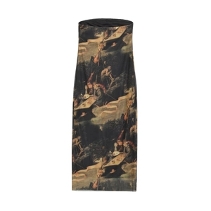 Women's strapless mesh midi dress featuring a vintage Renaissance oil painting art print