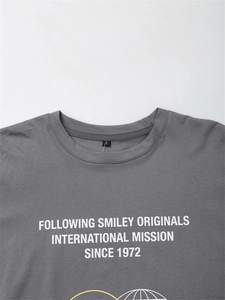 Close-up of crew neck and printed Smiley logo on a gray cotton short sleeve t-shirt