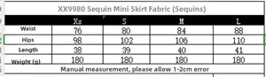Size chart for women sequin mini skirt showing measurements in centimeters for XS to L sizes