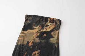 Detail of artistic oil painting print on mesh fabric for a slim fit summer dress