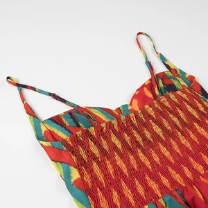 Detail of adjustable straps and smocking elastic back on colorful printed dress