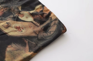 Detailed close-up of semi-transparent mesh fabric with vintage oil painting art print