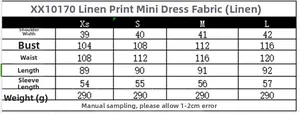 Detailed size guide for linen print mini dress with shoulder and bust measurements