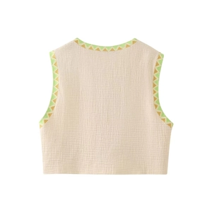 Women's beige sleeveless vest with vintage colorful embroidery and ethnic geometric pattern
